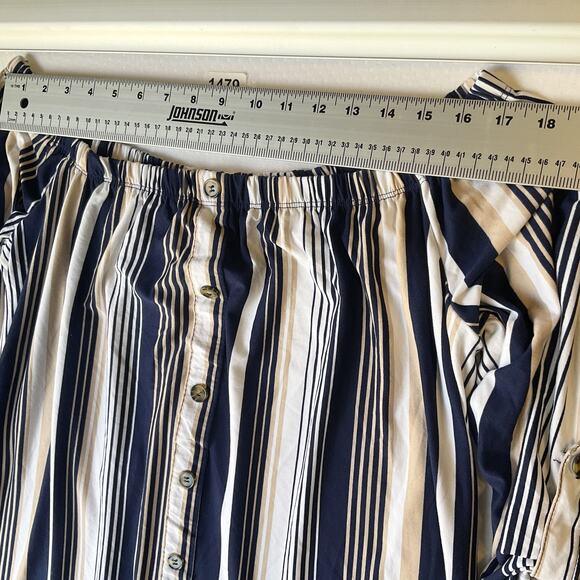 No Comment NY-LA Women Mini Dress XL Navy Striped Shift 3/4 Sleeve Off Shoulder - Picture 4 of 9